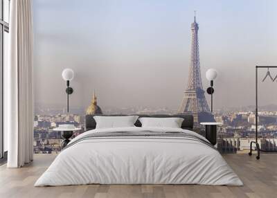 Pollution in Paris, aerial view of Eiffel Tower with smog in background Wall mural