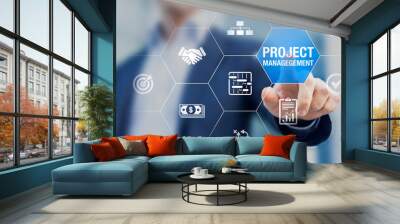 Professional project manager with icons about planning tasks and milestones on schedule, cost management, monitoring of progress, resource, risk, deliverables and contract, business concept Wall mural