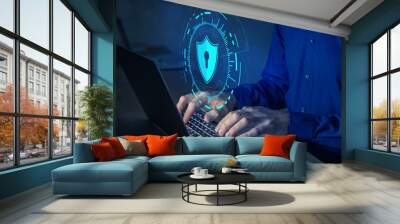 Secure access and online data protection. Data privacy and cyber security on internet for email, credit card. Data encryption with password. Person using protected connection on computer. Wall mural