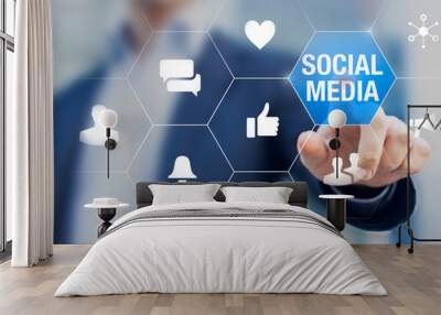 Social media network community manager touching icons about reputation on internet with likes, love, messages, shares and viral advertisement, online corporate presence, professional business person Wall mural