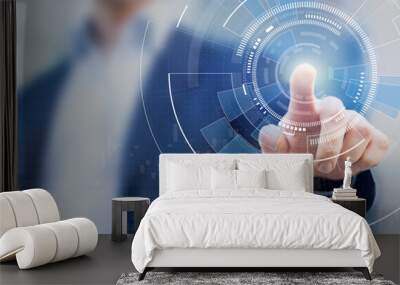 Technology abstract background with person hand touching complex circular diagram on virtual screen with copy-space, innovation, network, big data and internet concept Wall mural