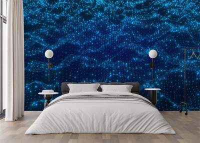 Technology and telecommunication background with connected dots on 3D wave landscape. Communication, data science, particles, digital world, virtual reality, cyberspace, metaverse concept. Wall mural