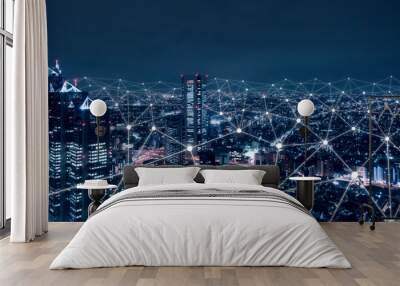 Telecommunication network above city, wireless mobile internet technology for smart grid or 5G LTE data connection, concept about IoT, global business, fintech, blockchain Wall mural