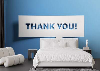 Thank you message for card, presentation, business. Expressing gratitude, acknowledgment and appreciation. Minimalist abstract design with white cut out paper on blue background. Wall mural