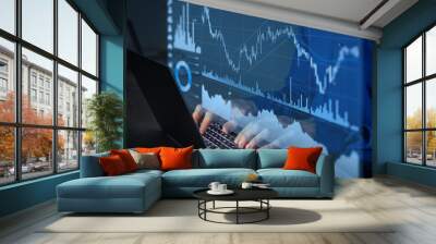 Trading on stock exchange market and investment strategy for financial assets with person using online software to analyze price statistics and trade from home at night to make profit Wall mural