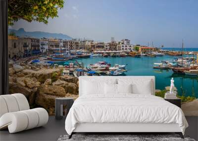 A panorama of Kyrenia harbour, Cyprus taken from the ramparts of the old fortress Wall mural