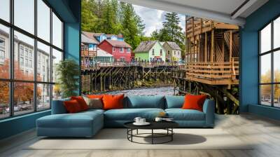 A view from a walkway towards the stilted buildings along the Creek in Ketchikan, Alaska in summertime Wall mural