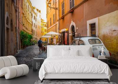 Cozy street in Trastevere, Rome, Europe. Trastevere is a romantic district of Rome, along the Tiber in Rome. Turistic attraction of Rome. Wall mural