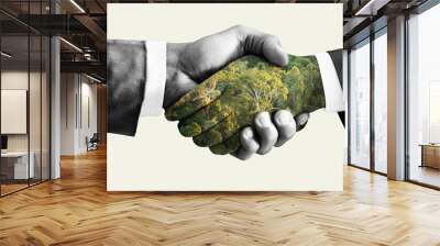 Green deal concept, handshake. Double exposure, hands with forest. Wall mural