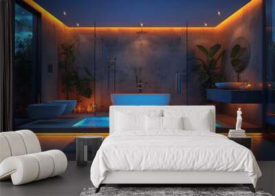 Modern and confortable bathroom illuminated by led strips, 3d render Wall mural