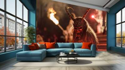 Krampus in the fire. Christmas devils. Wall mural