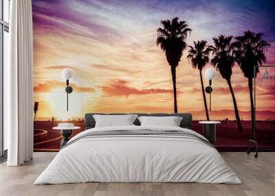 Palm trees at Venice Beach, Los Angeles, California. Sunset scene. Vintage post processed. Fashion, travel, summer, vacation and tropical beach concept. Wall mural