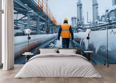  industrial plant with a worker in uniform walking along large pipes at an oil deep treatment service station on a winter day Wall mural