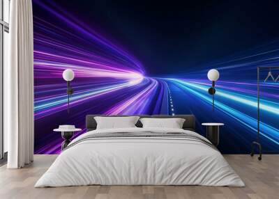 Abstract background with blue and purple light streaks on black, speed motion on a night road Wall mural