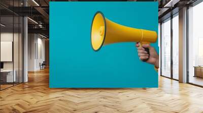 Hand holding a megaphone on an blue background Wall mural