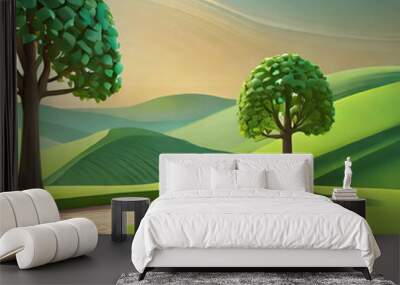 A 3D rendering of a park with two trees, a bench, and rolling green hills Wall mural