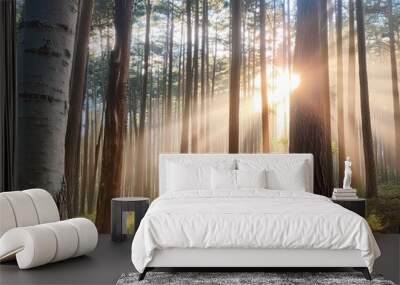 ethereal forest sanctuary sunlight filters through gossamer curtains of bark creating a luminous natural texture delicate wood grain patterns form abstract art on serene white canvas Wall mural