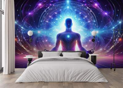 ethereal human silhouette with luminous neural network overlay meditating amidst swirling cosmic energies bridging realms of consciousness Wall mural