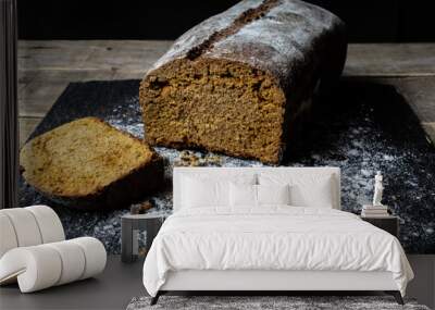 Freshly baked grain oats brown bread close up photos. Gastronomic photography.
Dark food  photography Wall mural