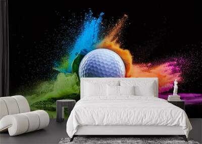 Golf ball in explosion of colored neon powder isolated on black background Wall mural