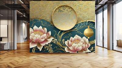 Luxury gold oriental style background vector. Chinese and Japanese wallpaper pattern design of elegant peony flower and moon with gold line texture. Design illustration for decoration, wall decor. Wall mural