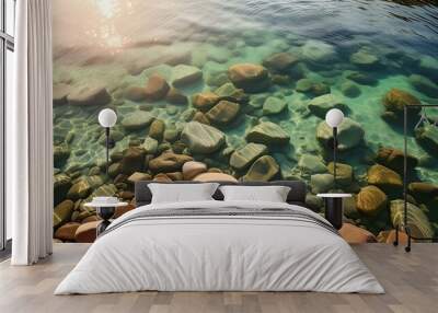 Nature Photography, From the sky looking down above the water, Shallow calm clear water over rocky lake bed Wall mural