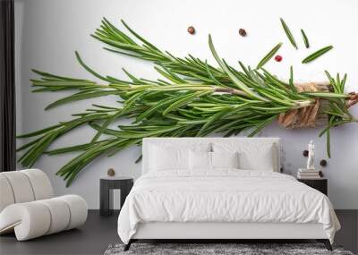 Rosemary twig and leaves isolated on white background. Fresh Rosemary bunch with spices and sea salt Top view. Herbs Flat lay. Wall mural