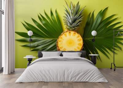 sliced tropical pineapple with lush green leaves on vibrant background creative food photography Wall mural