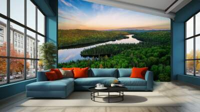 River in a green field under cloudy sky at sunset in Quebec, Canada Wall mural