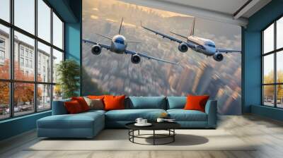 Aerial view of two airplanes, one large and one small, flying in formation with a cityscape below, symbolizing a successful airline acquisition and strategic partnership. Wall mural