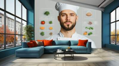 Chef Utilizing AI to Perfect Recipes, Displaying Ingredient Combinations and Nutritional Information on Screens. The Scene Highlights Technology’s Role in Culinary Arts Wall mural