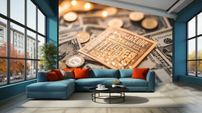 Golden lottery ticket with sparkling numbers, surrounded by coins and dollar bills, symbolizing a life-changing jackpot win and the excitement of potential wealth. Wall mural