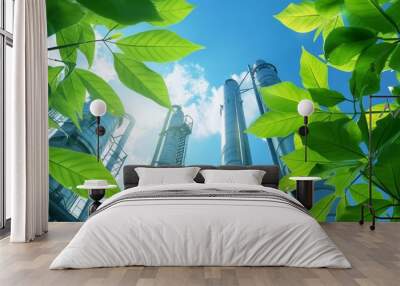 Green industry eco power for sustainable energy saving environmental friendly low carbon footprint. Green factory industry for good environment ozone air low carbon footprint production concept Wall mural