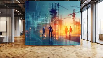 illustration digital building construction engineering with double exposure graphic design. Building engineers, architect people, or construction workers working Wall mural