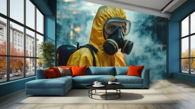 Industrial Worker Handling Hazardous Materials with Precision and Safety. The Scene Highlights the Importance of Protective Gear and Careful Procedures in a High-Risk Environment. Wall mural