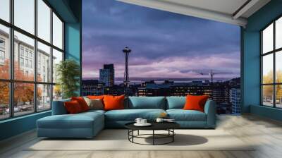 dusk blue view of seattle skyline from rooftop deck Wall mural