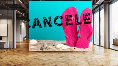 pink flip flops with blue background and shellfish and text canceled Wall mural