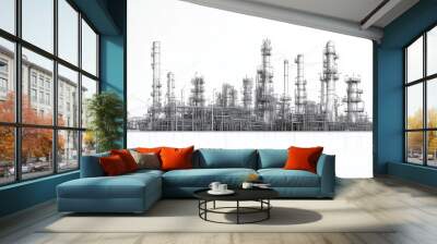 Line drawing depicting an industrial landscape featuring an oil refinery plant, representing the oil industry, with the sky depicted in a separate layer Wall mural