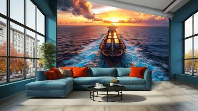 Majestic Dawn Voyage: Large Dry Cargo Ship Sailing Across Open Ocean Under Early Morning Skies Wall mural