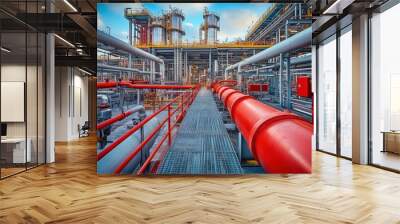 Oil Production and Natural Gas Processing Plant with Explosion Protection Equipment, Massive Industrial Pipes with Red Covers Wall mural