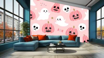 Seamless cartoon halloween pattern in pink background. Pink Halloween ghost pumpkin and skull vector in flat style. Vector illustration. Wall mural