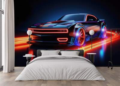 Tuning custom sports cars with neon lights on dark background. Wall mural