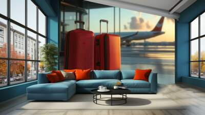 Two Suitcases and a Travel Bag Near an Airport Window with Airplane in the Background, Representing the Travel Concept, Modern and Relaxed Travel Atmosphere. Wall mural