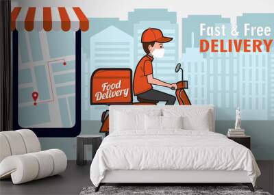 Delviery man on scooter in front of phone Pro Vector Wall mural