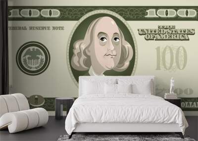  One Hundred Dollar Bill with Benjamin Franklin Cartoon Wall mural