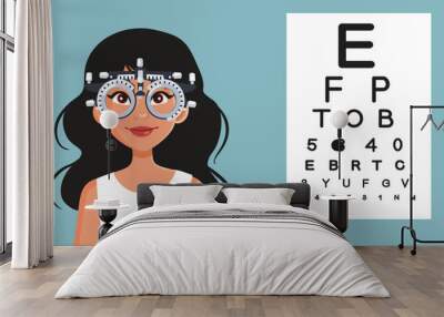 Female Patient at Ophthalmology Control Vector Cartoon Illustration. Young adult having poor vision problems in eye test examination 
 Wall mural