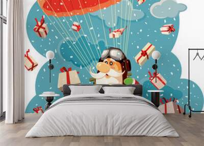 Santa Claus Flying with Parachute Surrounded by Gifts Vector Illustration Wall mural