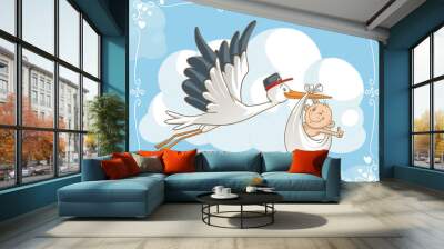 Stork with Baby Vector Cartoon Wall mural