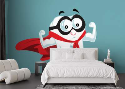 Strong Superhero Molar Tooth Vector Cartoon Mascot Character. Happy cheerful character celebrating perfect dental health 
 Wall mural