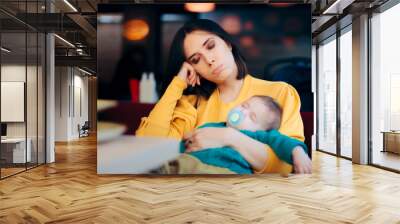 Tired Exhausted Mother Holding Sleeping Baby Wall mural